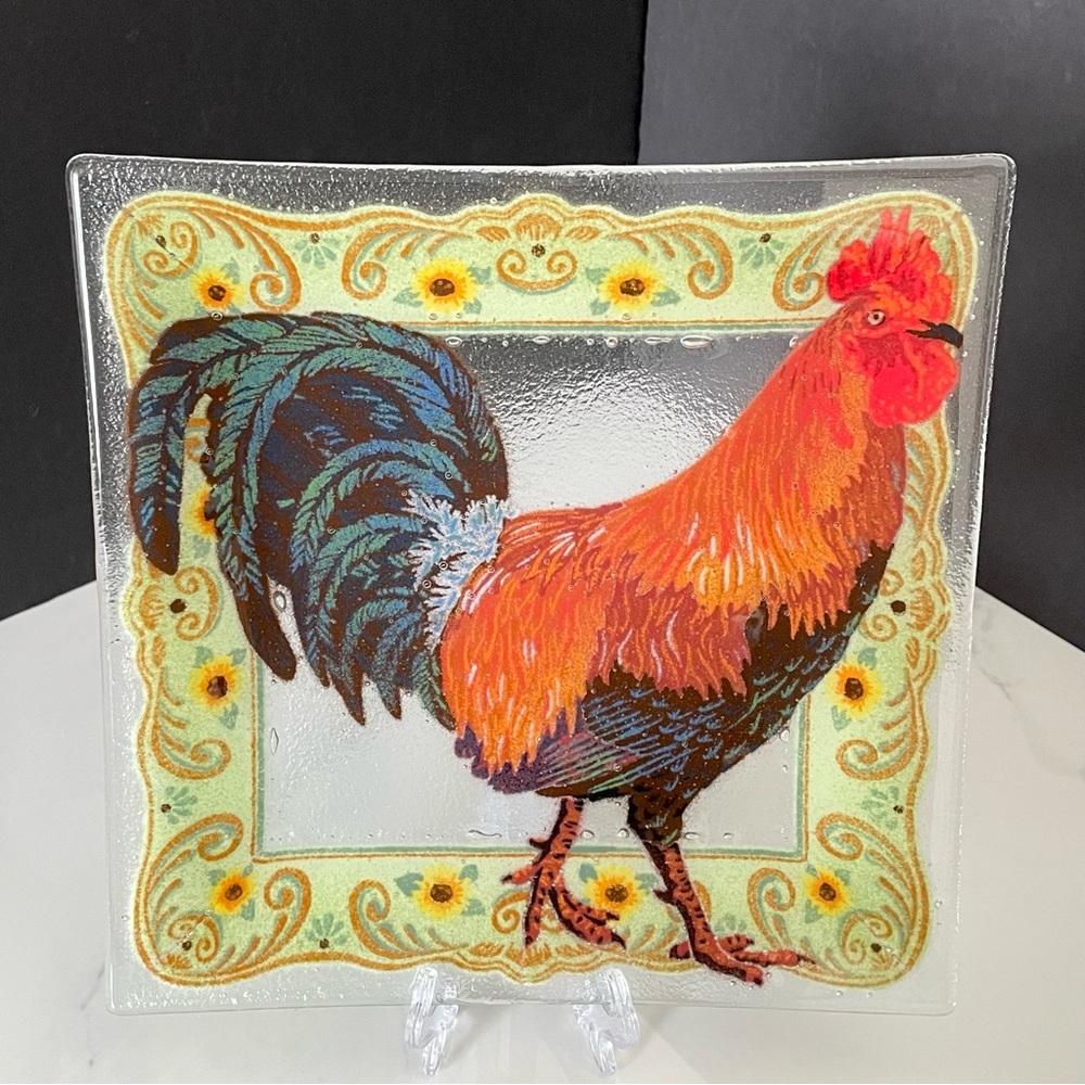 9.5" Square Rooster Plate by Peggy Karr
